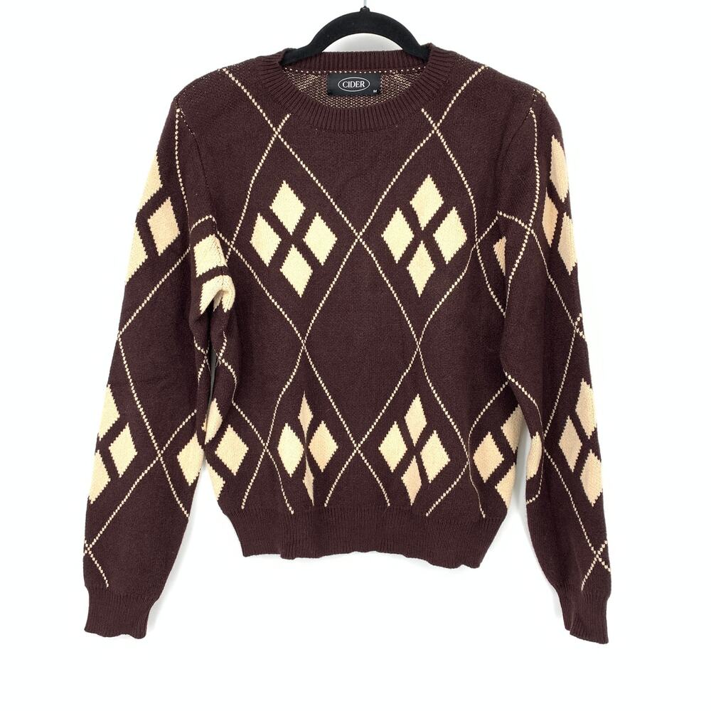 Cider Pullover Crew Neck Argyle Sweater Womens Size Medium Brown Cream